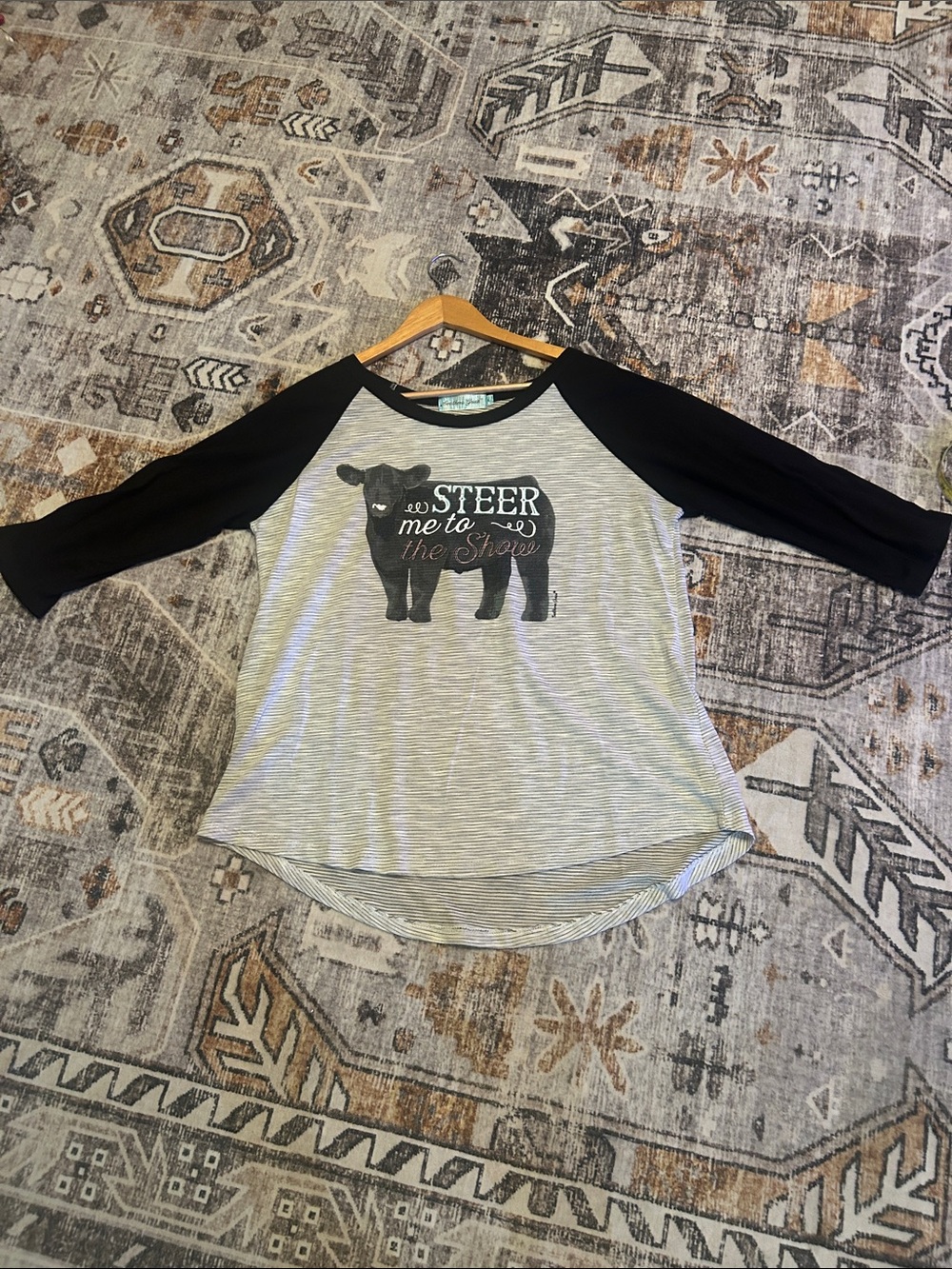 Southern Grace Black & Light Gray Raglan Steer Graphic Tee